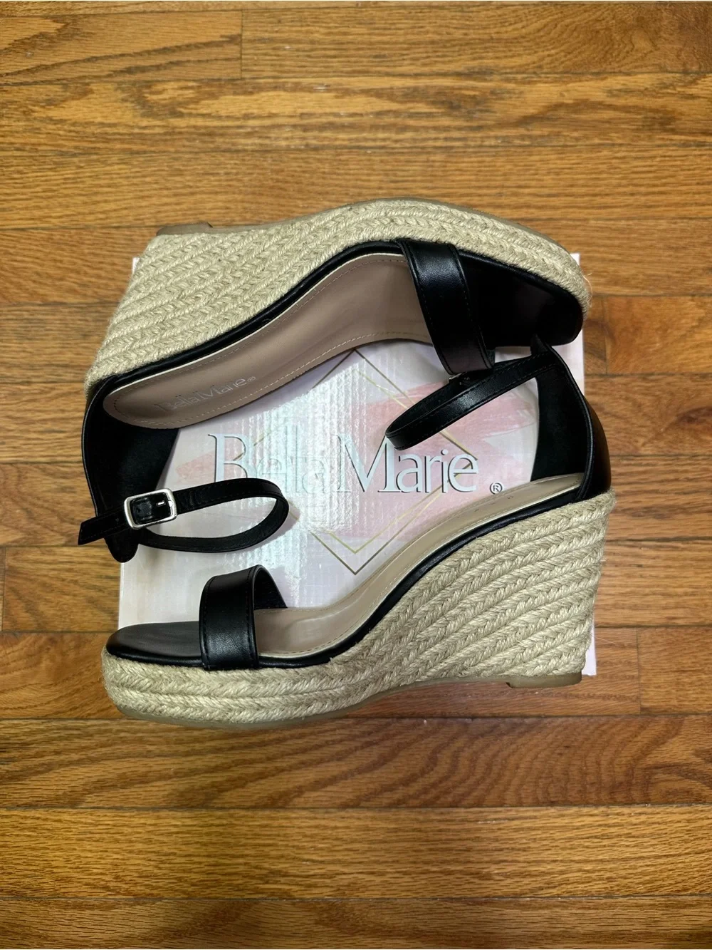 Bella Marie Black Espadrille Wedges with Ankle Strap